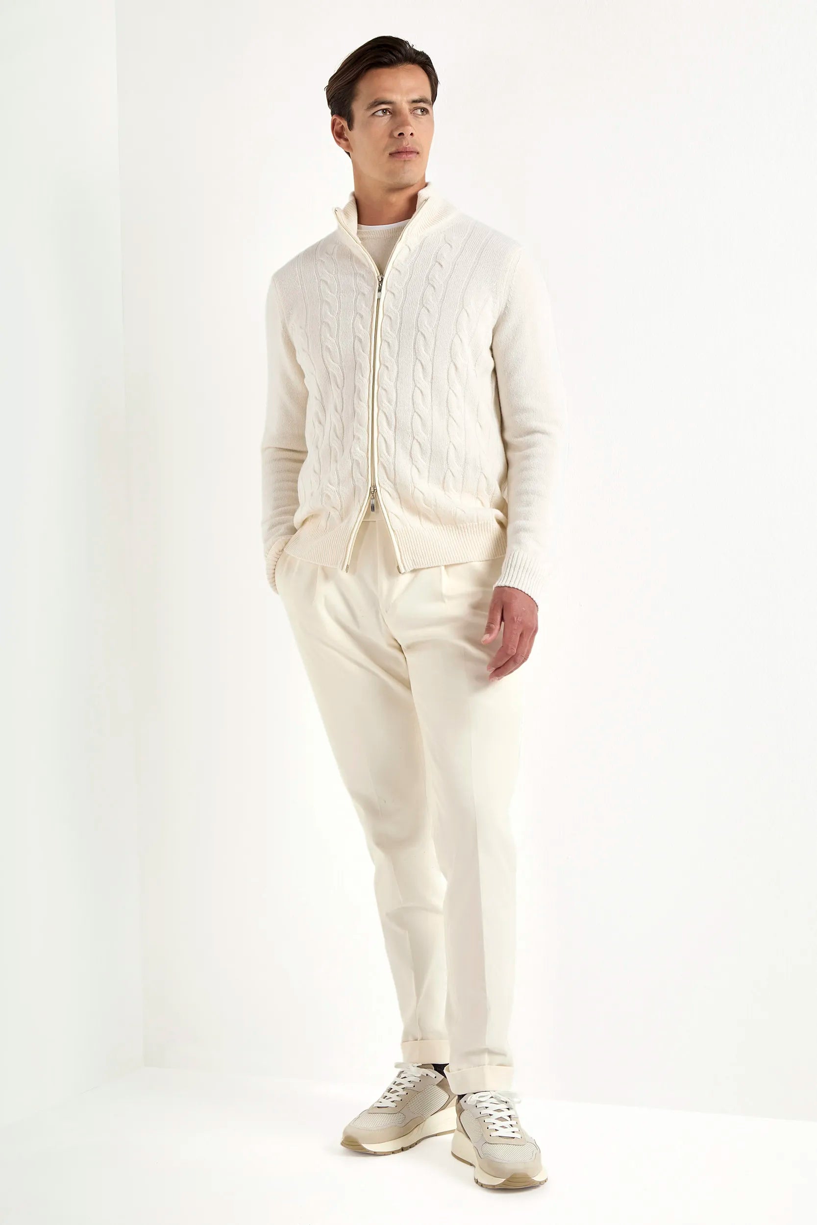 White cable knit cashmere blend full zip – Made in Italy