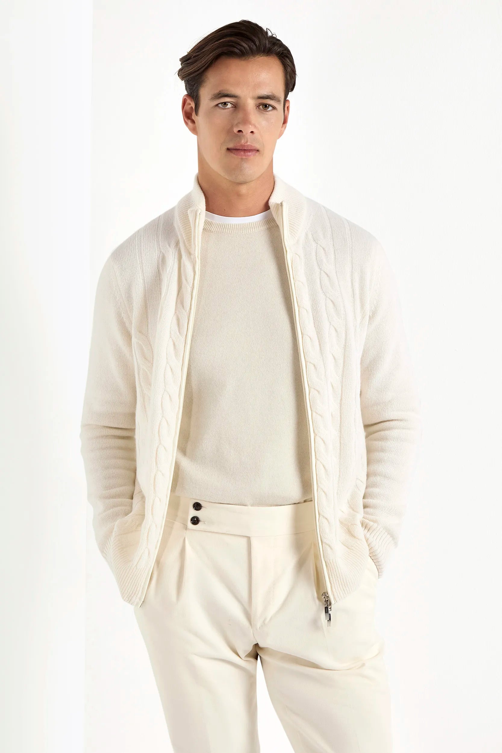White cable knit cashmere blend full zip – Made in Italy